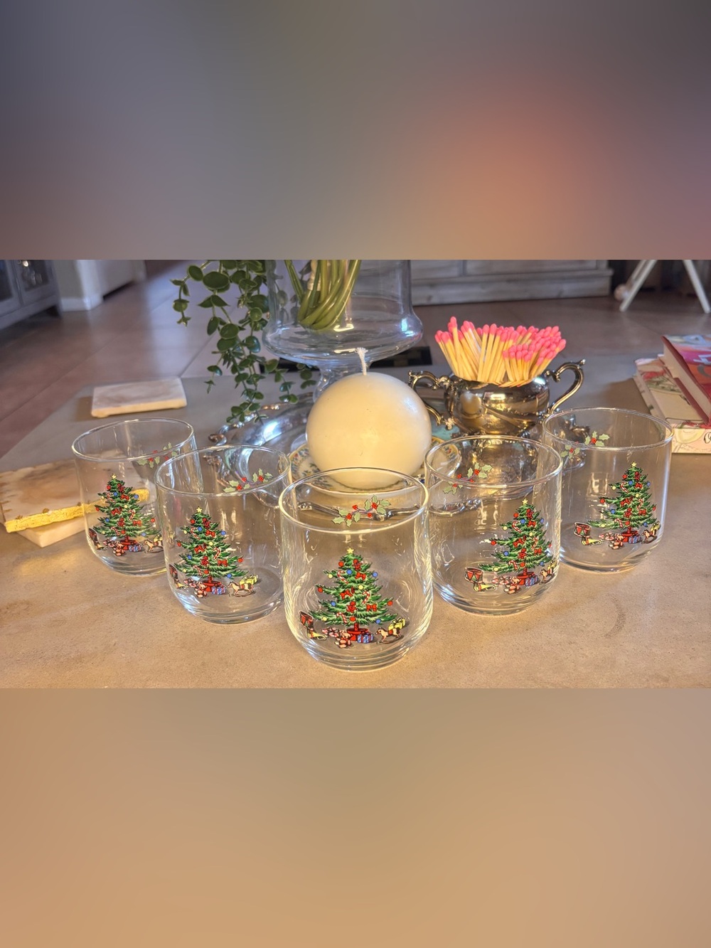 Festive Christmas Tree Glass Tumbler Set - Clear with Green Tree Motif